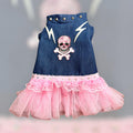 SKULL APPLIQUE' DENIM Pet Dress, Handmade Pink Tulle Dog Dress