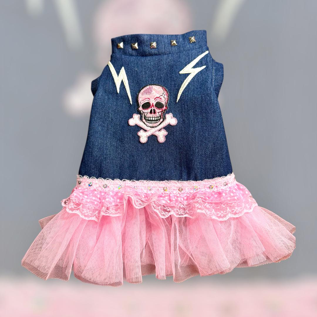 SKULL APPLIQUE' DENIM Pet Dress, Handmade Pink Tulle Dog Dress