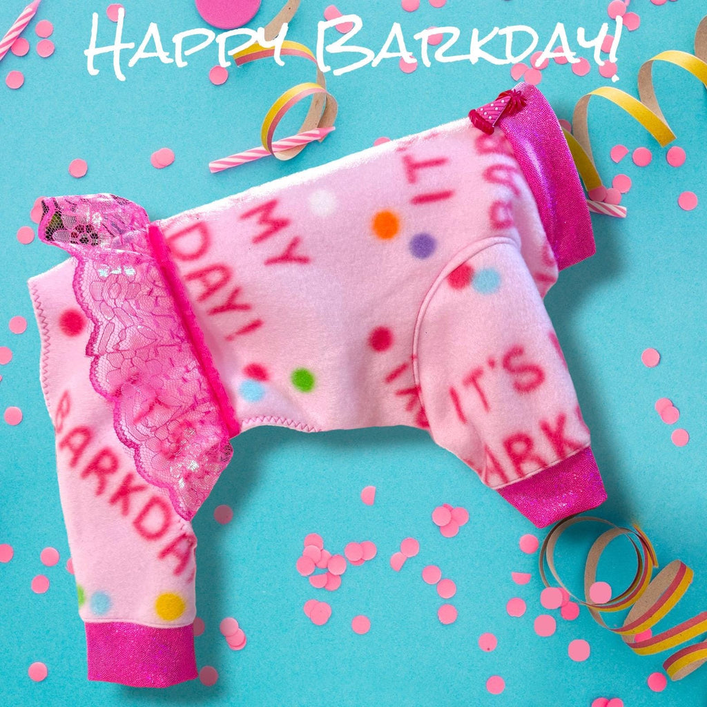 CELEBRATE MY BARKDAY In a Pink Fleece Onesie for Small Pets, Handmade Dog Apparel