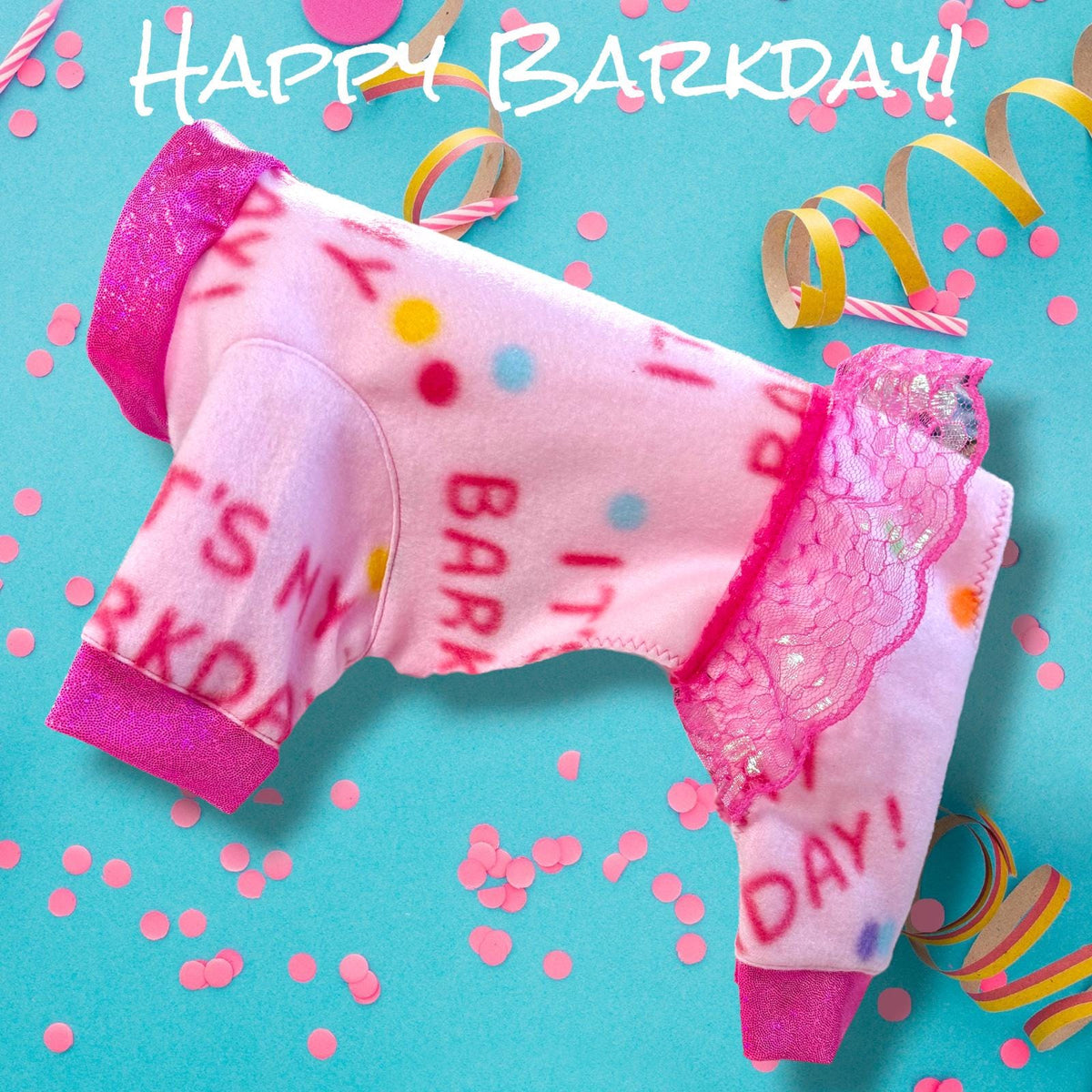 CELEBRATE MY BARKDAY In a Pink Fleece Onesie for Small Pets, Handmade Dog Apparel