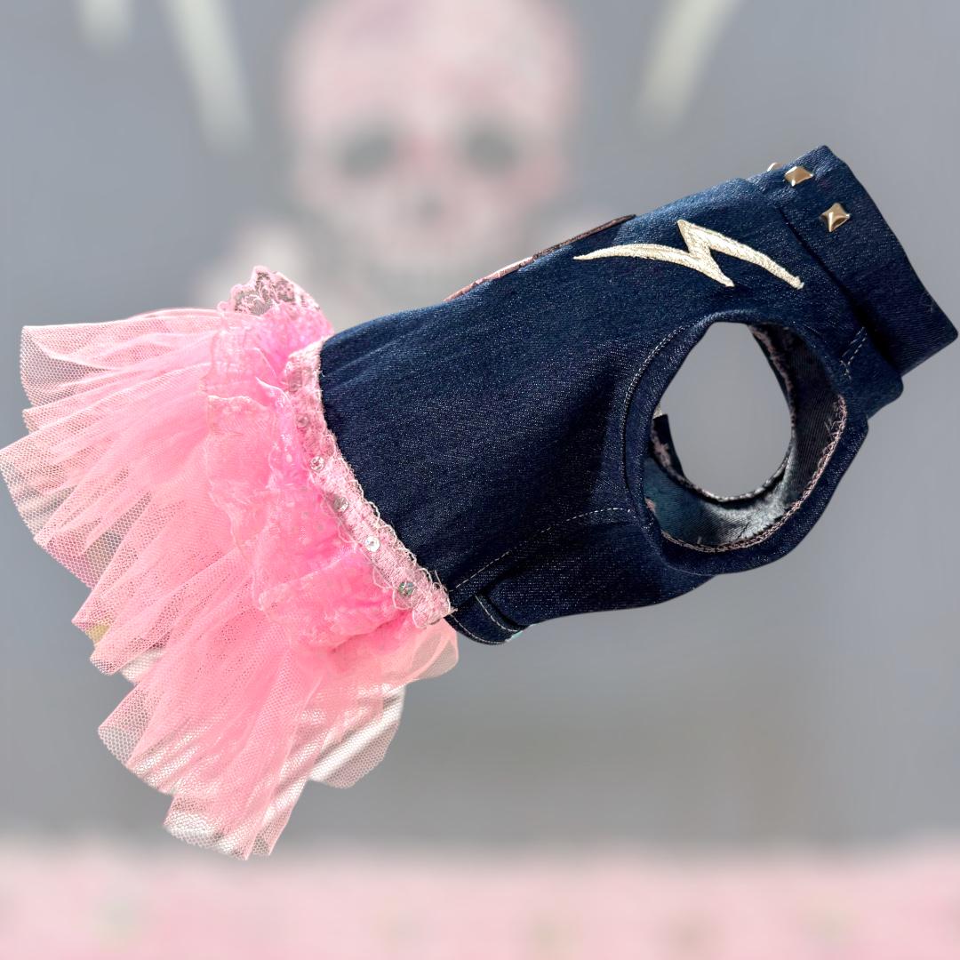 SKULL APPLIQUE' DENIM Pet Dress, Handmade Pink Tulle Dog Dress