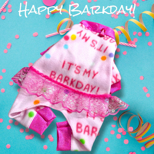 CELEBRATE MY BARKDAY In a Pink Fleece Onesie for Small Pets, Handmade Dog Apparel