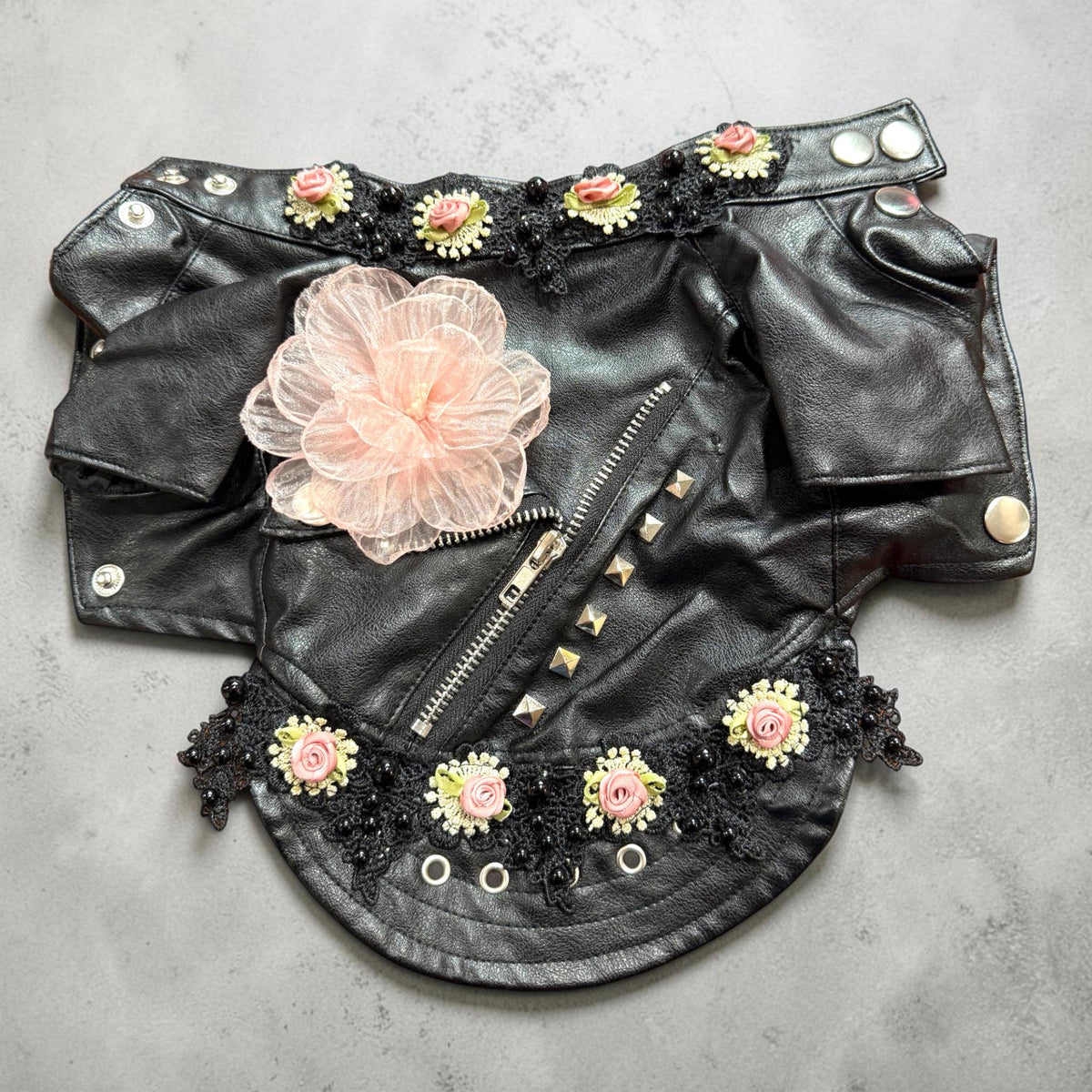 LEATHER and LACE MOTTO Jacket for Small Pets, Embellished pleather jacket