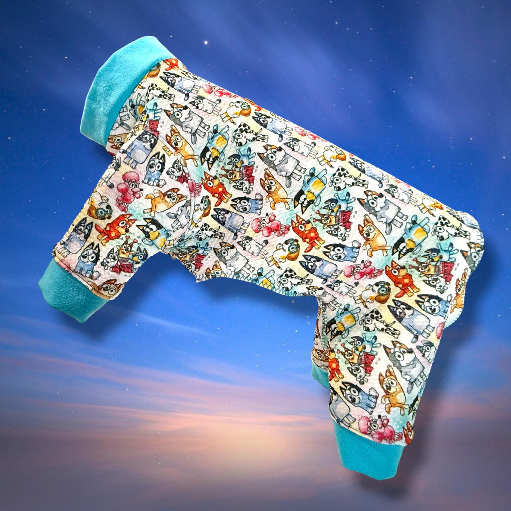 BLUEY & THE KIDDOS Dog Jammies, Lightweight Stretch Onesie for Small Pets, Handmade Clothing