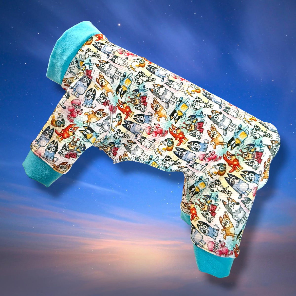 BLUEY & THE KIDDOS Dog Jammies, Lightweight Stretch Onesie for Small Pets, Handmade Clothing