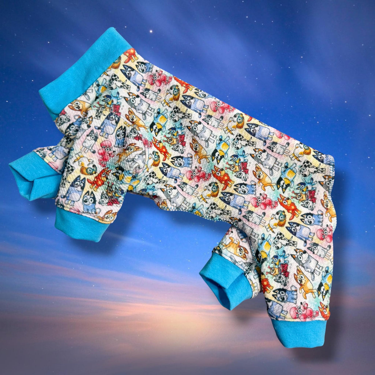 BLUEY & THE KIDDOS Dog Jammies, Lightweight Stretch Onesie for Small Pets, Handmade Clothing